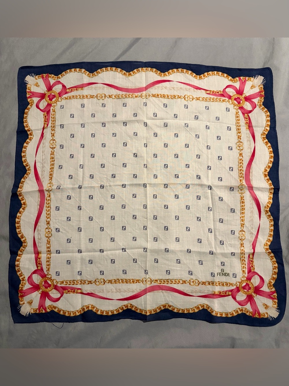 Vintage Fendi 17” FF Logo Chain Bow Square Scarf Handkerchief Navy Pink